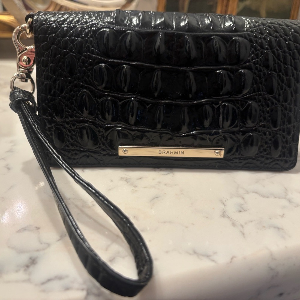 Brahmin Glossy Black Croc-Embossed Wristlet